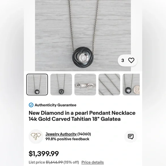 GALATEA designer solid 14k gold genuine carved Tahitian pearl/diamond necklace - Picture 14 of 16